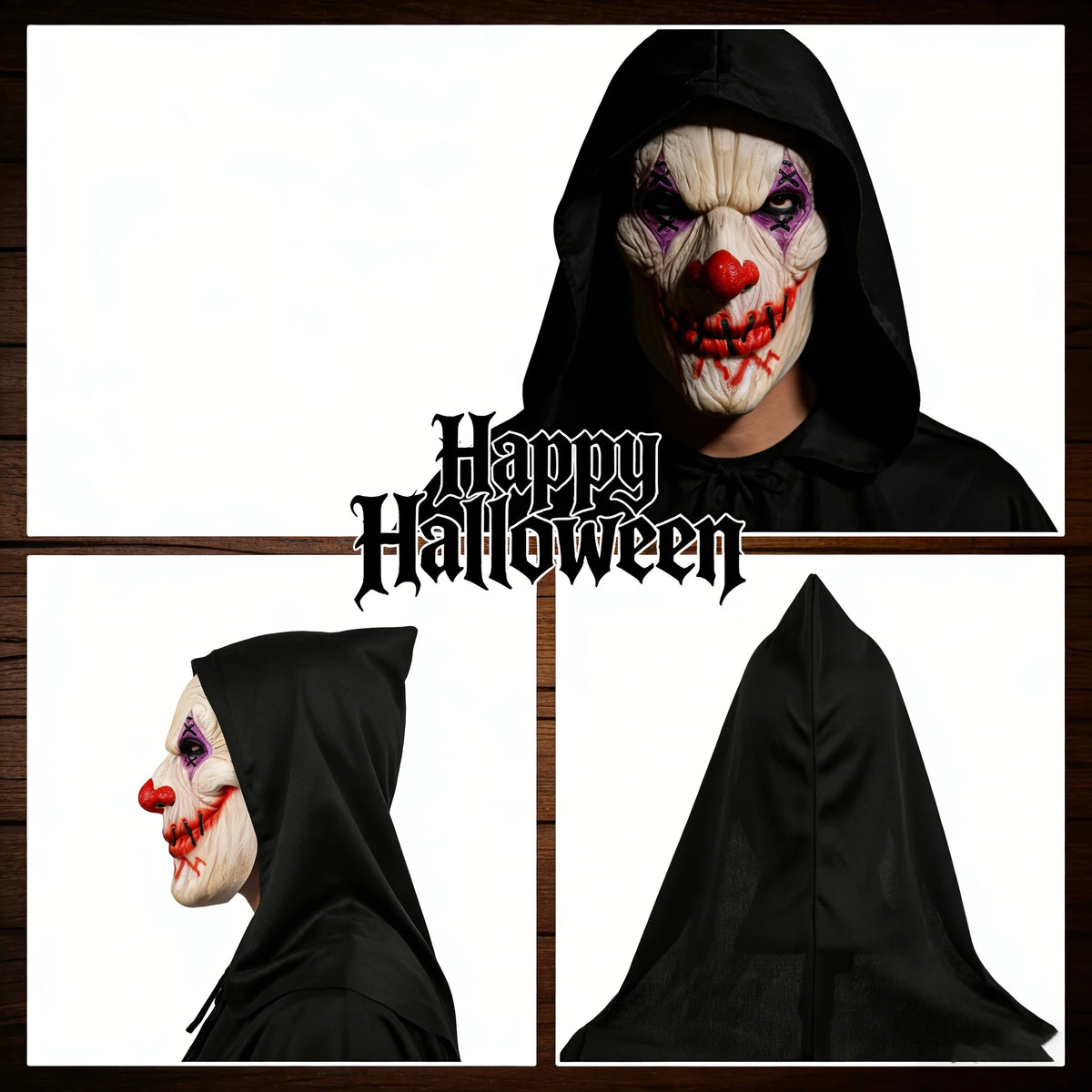 Horror Clown Latex Mask with Black Hood - Scary Stitched Face Mask for Halloween, Carnival, Music Festivals & Prank Gifts