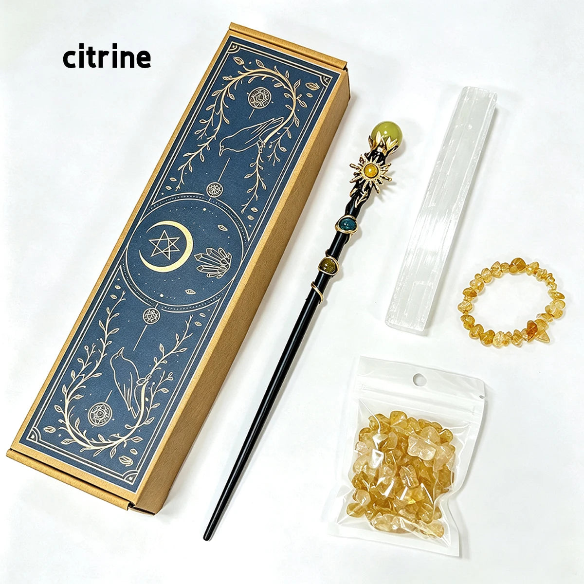 1box Amethyst Witch Crystal Wand Altar Kit, Natural Crystal Stones Selenite Wand Bracelet Wicca Ritual‑Supplies, Spiritual Decor
