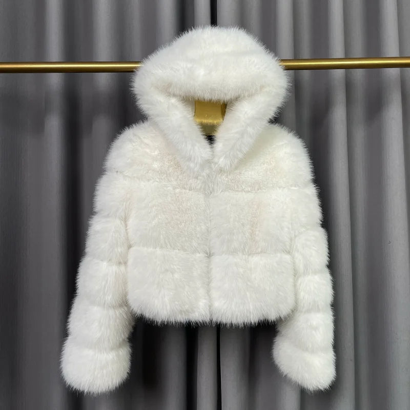Winter Warm Ladies Fake Fox Fur Jacket Short Fashion Hooded Artificial Fox Fur Coat High Quality Women's Cropped Fur Coat Black