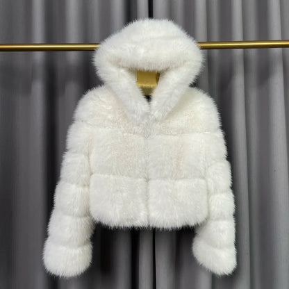 Winter Warm Ladies Fake Fox Fur Jacket Short Fashion Hooded Artificial Fox Fur Coat High Quality Women's Cropped Fur Coat Black