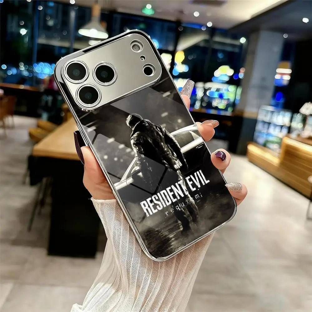 R-Resident Evil 9 Phone Case For IPhone 17 16 15 14 13 12 Pro Max Plus Electroplated Metal Bumper Case Tempered Glass Back