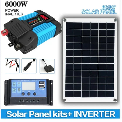6000W Solar Inverter Kit 600W Solar Panel 12V Battery Charging Controller Complete Power Generation System 110V 220V Home