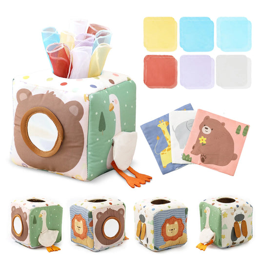 Baby Magic Tissue Box Toy – 12 Silk Scarves + 3 Crinkle Tissues, Bear Mirror, Duck Sound, Soft Cotton, BPA-Free, Sensory Gift