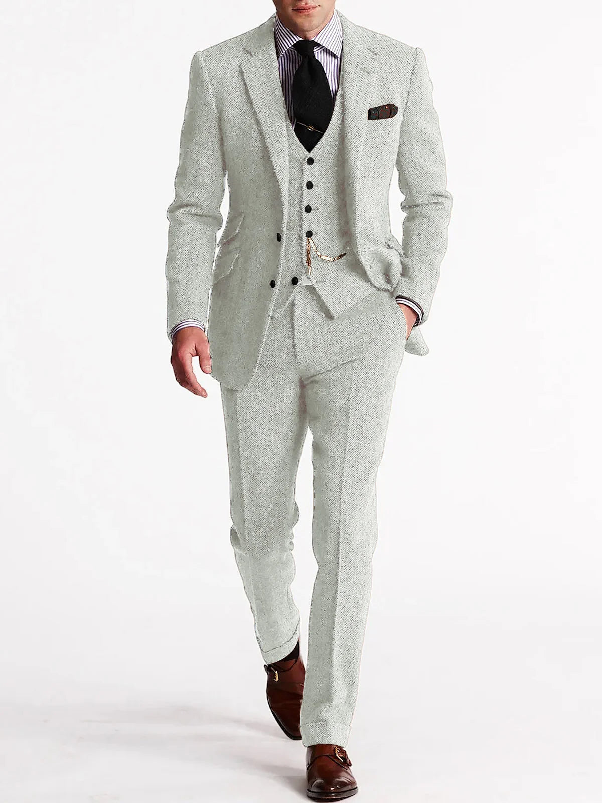  Herringbone Tweed Suits for Men 3 Piece Set Double-Breasted Slim Fit Tuxedo Size Man Suit Set Custom Made Men Fashion Suits