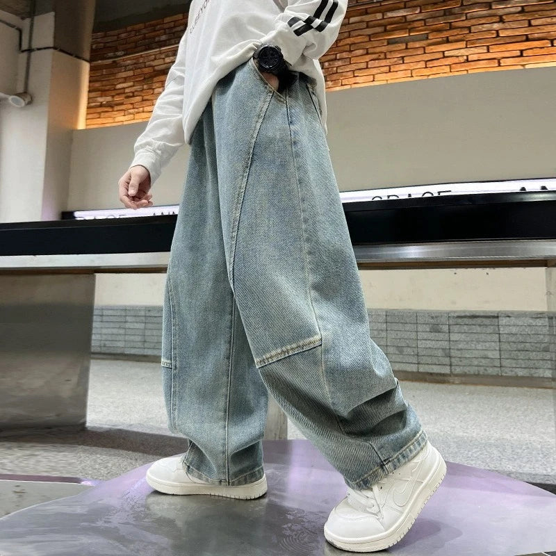 4-12Years Boys Jeans New Wide Straight Leg Denim Pant Children Spring Autumn Big Kids Handsome Cotton Sports Pants