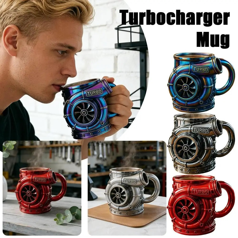 3D Turbocharger Shape Mug, BorgWarner Style Coffee Cup, Creative Car Engine Mug for Car Lovers, Stainless Steel/Resin Tea Mug, U