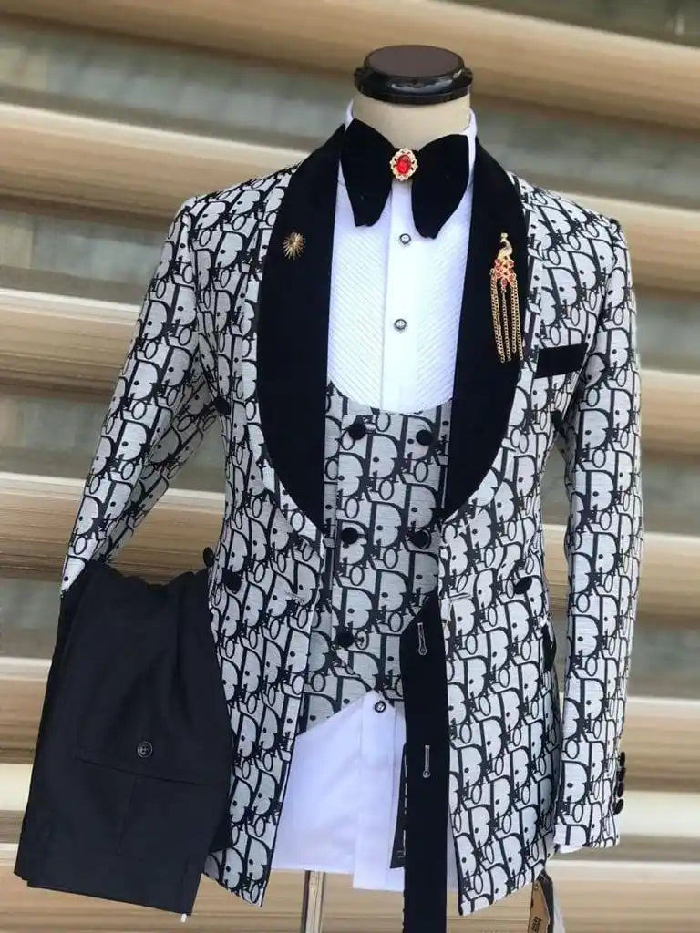 Floral Letter Wedding Men Suits for Prom Double Breasted Formal Groom Tuxedo Custom Made Slim Fit Male Fashion Suit Jacket Pant