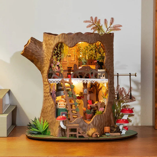 Rolife DIY Miniature House Kit Fairytale Tree House Dollhouse Building Kit Antique Bookshelf Display Crafts for Adults