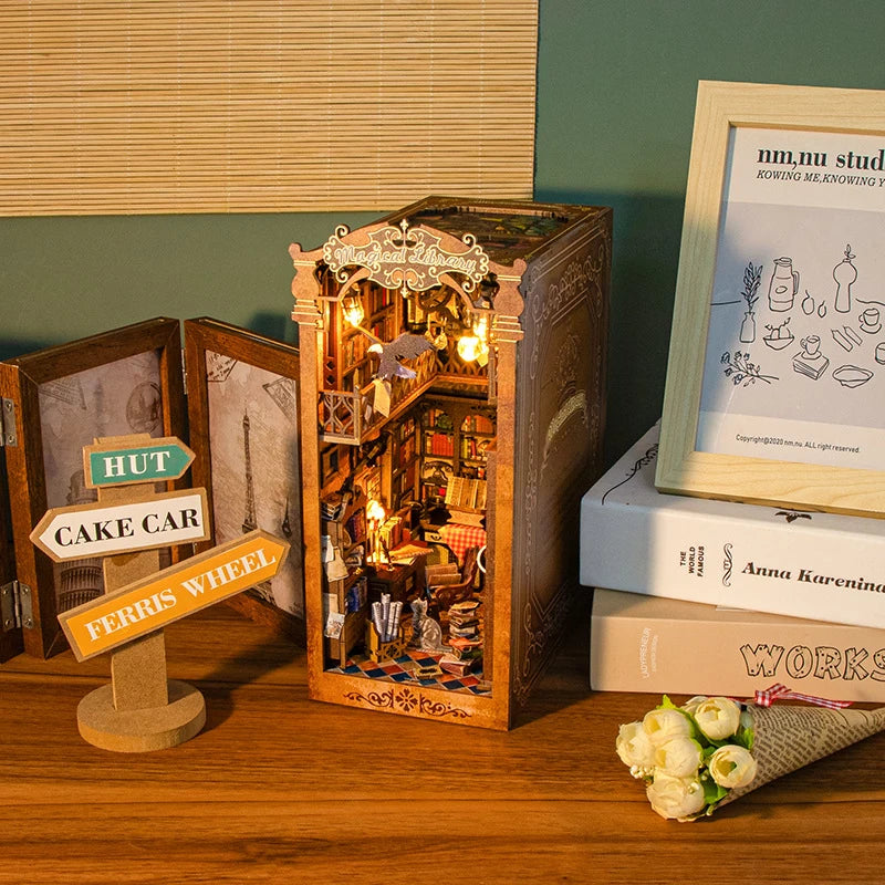 DIY Magic Library 3D Puzzle Bookend Building Model Miniature Architecture Kit Stress Relief Halloween Gift for Book Lovers