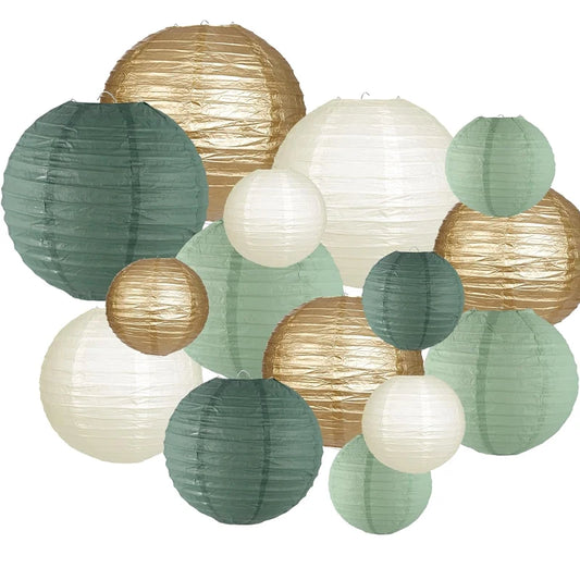 15-Piece Set of Paper Lantern Decorations, Round Hanging Paper Lantern Decorations, Suitable for Country Parties, Bridal Showers, Weddings, Gray-Green Birthday Party Supplies in Gold/Ivory/Grey-Green, Party Supplies, Ceiling