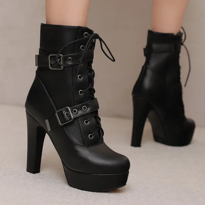 Women Punk Style Lace-Up Ankle Boots Belt Buckle Platform High Heels Short Boot Female White Autumn Winter Round Toe Shoes 2025