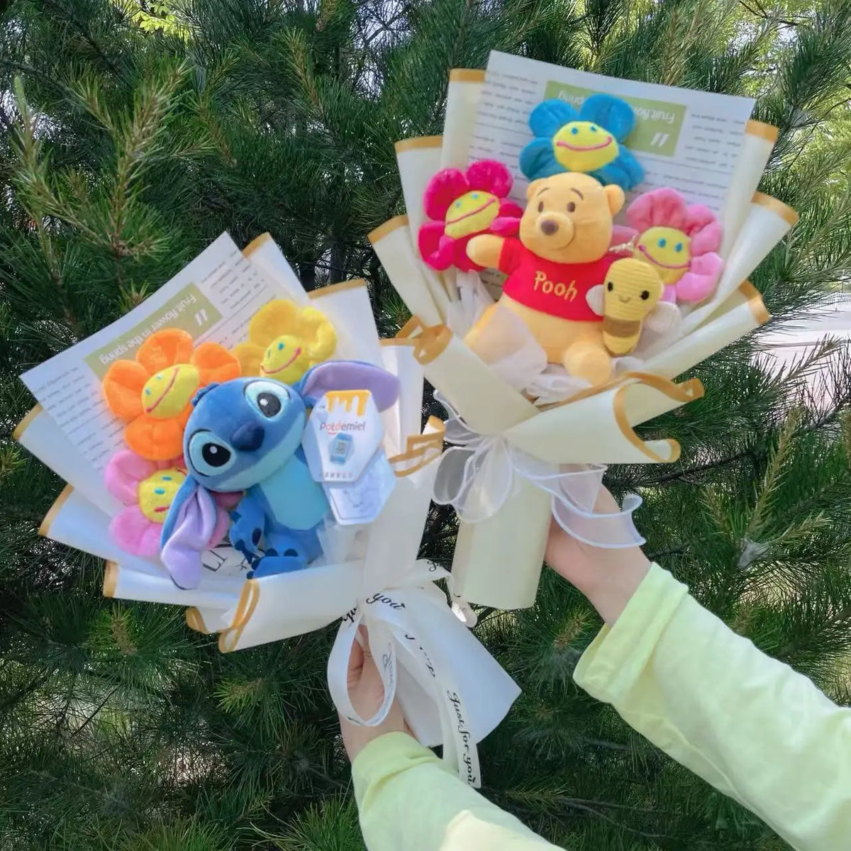 Genuine Winnie The Pooh Stitch Pikachu Plush Dolls With Sunflowers Creative Flower Bouquets Christmas Birthday Gifts For Girls