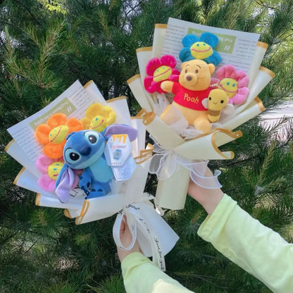 Genuine Winnie The Pooh Stitch Pikachu Plush Dolls With Sunflowers Creative Flower Bouquets Christmas Birthday Gifts For Girls