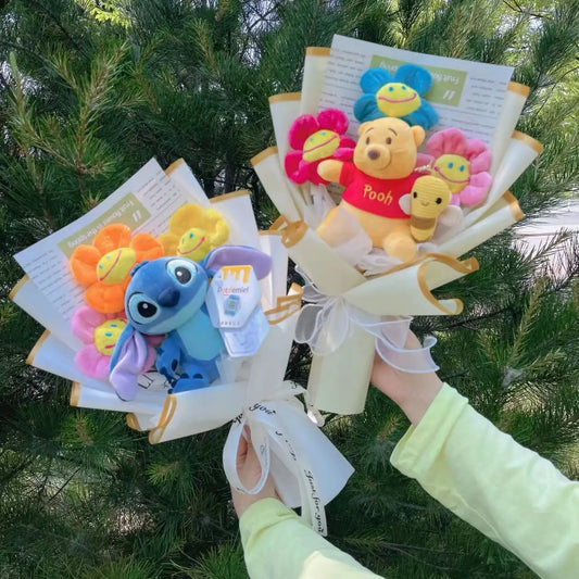Genuine Winnie The Pooh Stitch Pikachu Plush Dolls With Sunflowers Creative Flower Bouquets Christmas Birthday Gifts For Girls