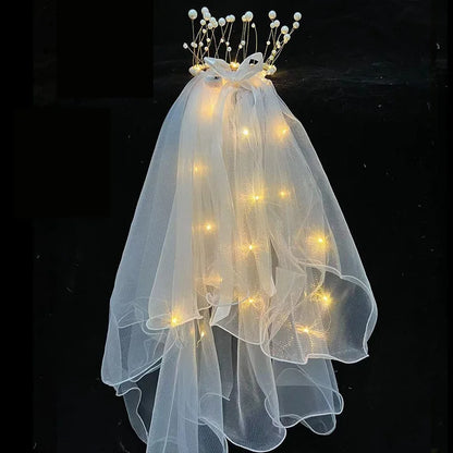 Light Up Veil White LED 2-Tier Veil with Hairpin Pearl Hair Accessories  for Women and Girls Bride Wedding Festival Hair Piece