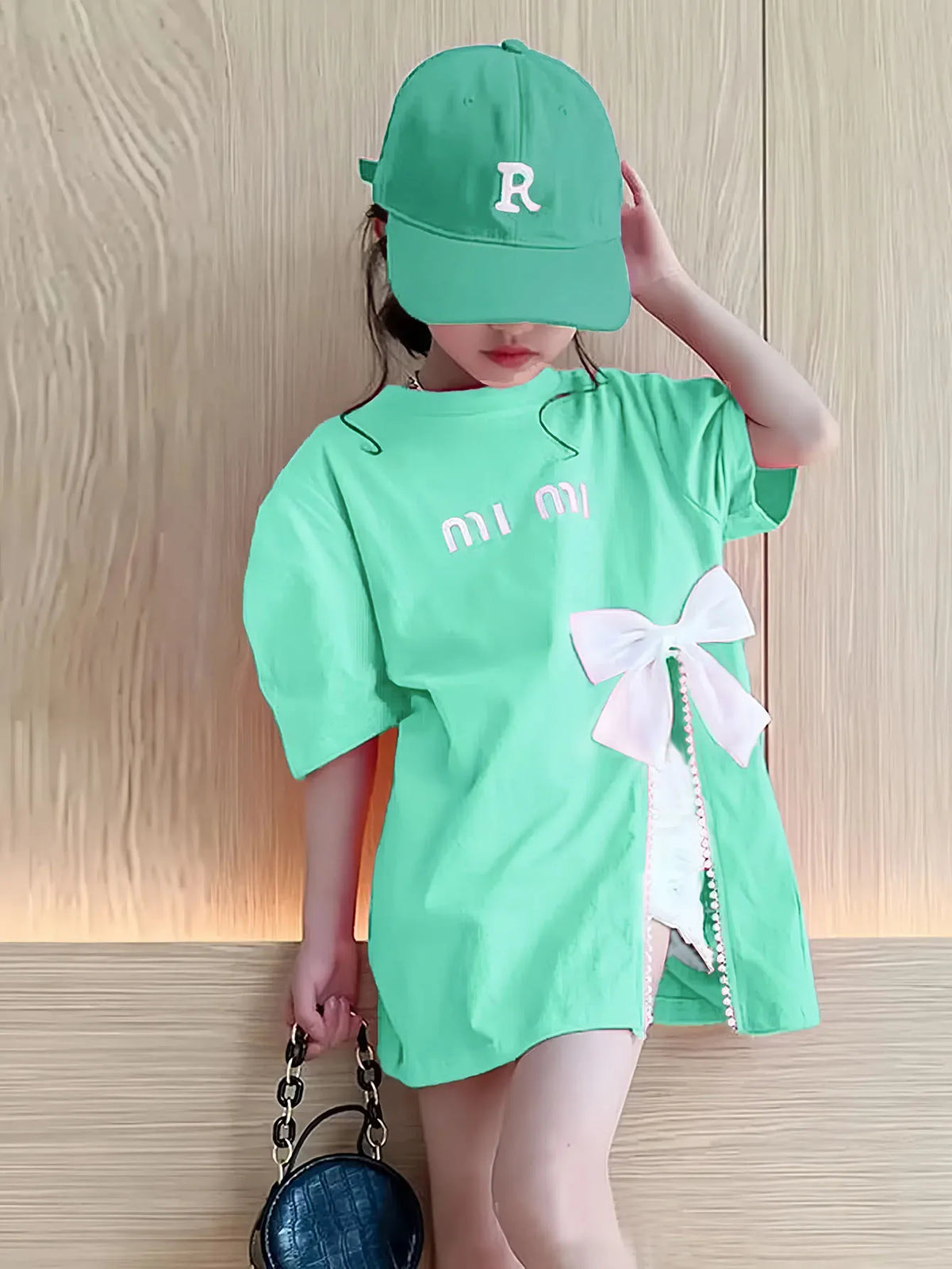 Summer Kids Girls T-shirt Letter Printing Bow Split Loose Long Children's T-Shirt Tops For 3-12 Years Girl Clothing
