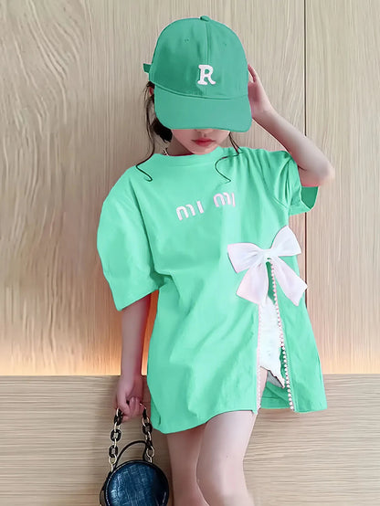 Summer Kids Girls T-shirt Letter Printing Bow Split Loose Long Children's T-Shirt Tops For 3-12 Years Girl Clothing