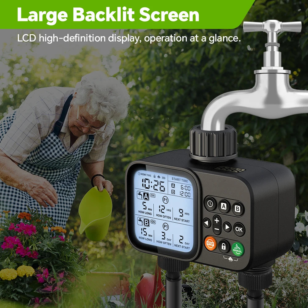 Smart 2-Outlet Irrigation Timer with Backlit LCD Display Rain Sensor for Outdoor Garden Automatic Irrigation Watering System