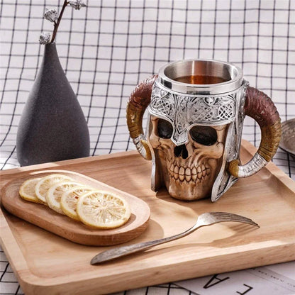 600ml Viking Skull Mug Stainless Steel Coffee Mugs Travel Cup Horn Drinking Tea Mug Halloween Decoration Ceramic Tiki Mug