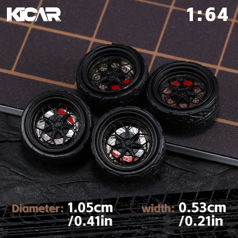 Kicarmod 1/64 10.5mm Alloy Model Wheels with Magnetic Hub Caps-with Rubber Tires for Tomica Custom Diecast Cars