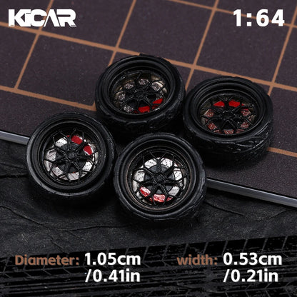 Kicarmod 1/64 10.5mm Alloy Model Wheels with Magnetic Hub Caps-with Rubber Tires for Tomica Custom Diecast Cars