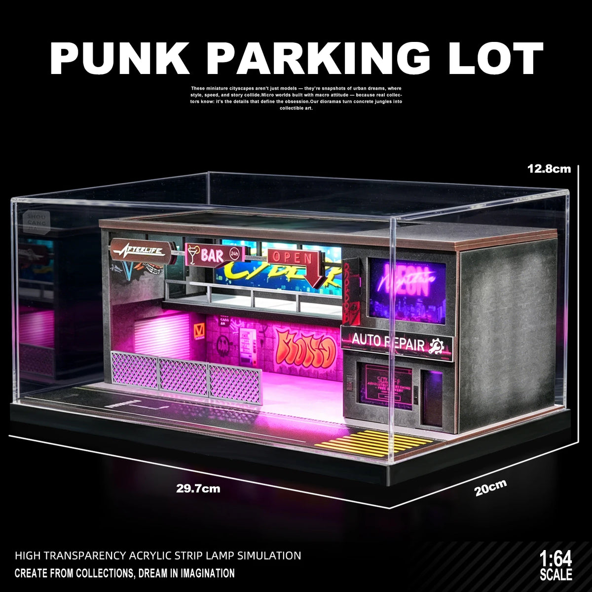 1:64 Scale Car Garage Diorama Model Assemble LED Lighting Car Parking Lot Backdrop Display Scene Model Toy Collection Gift