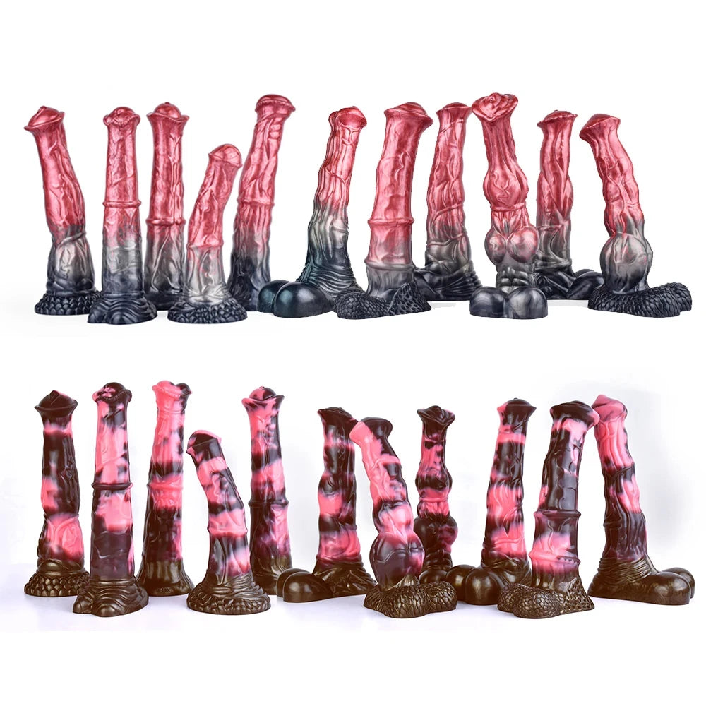 FAAK Colorful Silicone Ribbed Fantasy Horse Knot Dildo with Suction Cup Anal Sex Toys Soft Girthy Huge Fake Penis for Women
