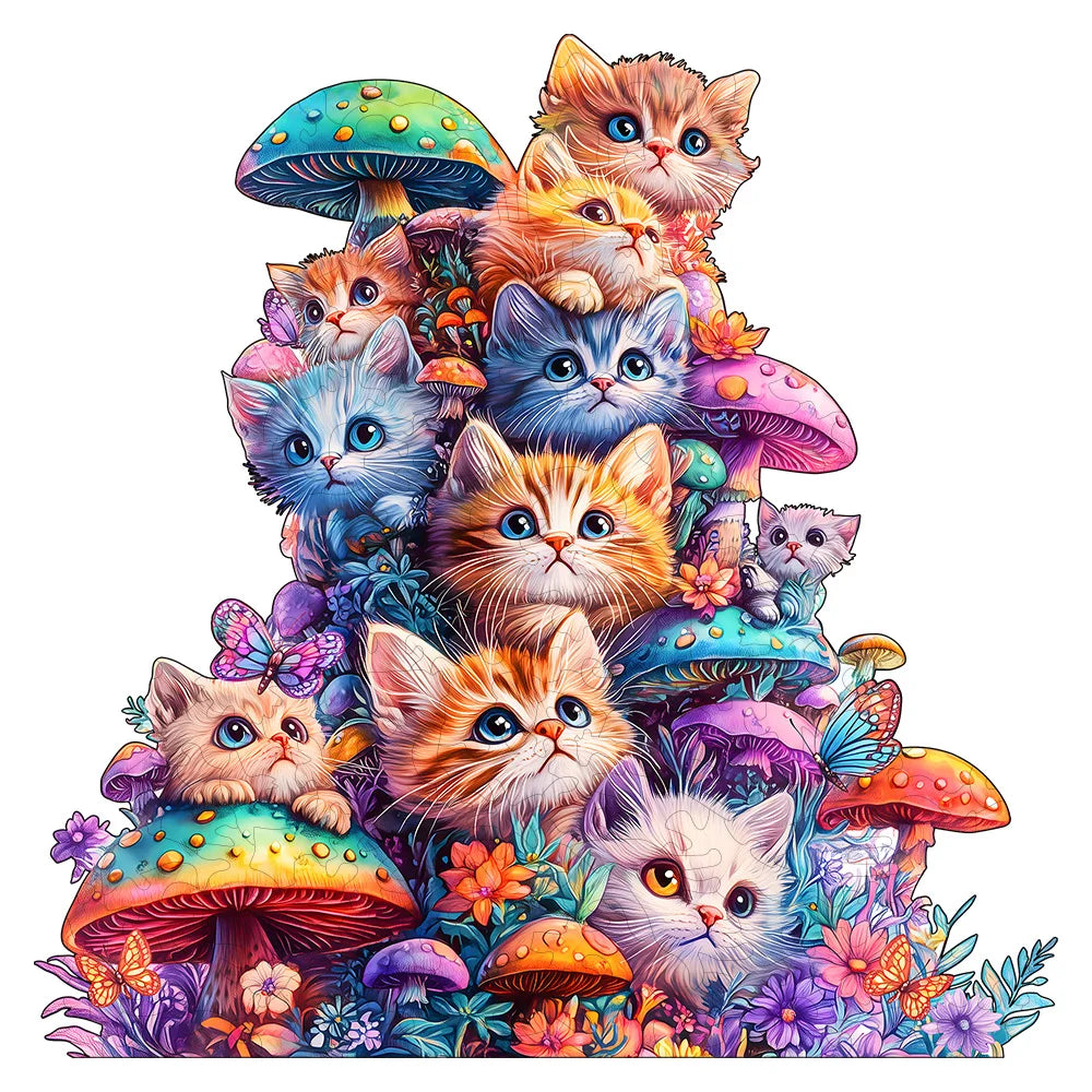 Adult Wooden Puzzle - Cute Mushroom Cat Animal Pattern - Unique Irregular Shape - Gift for Puzzle Enthusiasts and Friends