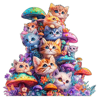 Adult Wooden Puzzle - Cute Mushroom Cat Animal Pattern - Unique Irregular Shape - Gift for Puzzle Enthusiasts and Friends