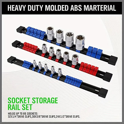 6-Piece Socket Organizer, 1/2 inch, 3/8 inch and 1/4 inch Drive ABS Tools-Socket Holder,Socket Racks Clip Rail Holder Tool Trays