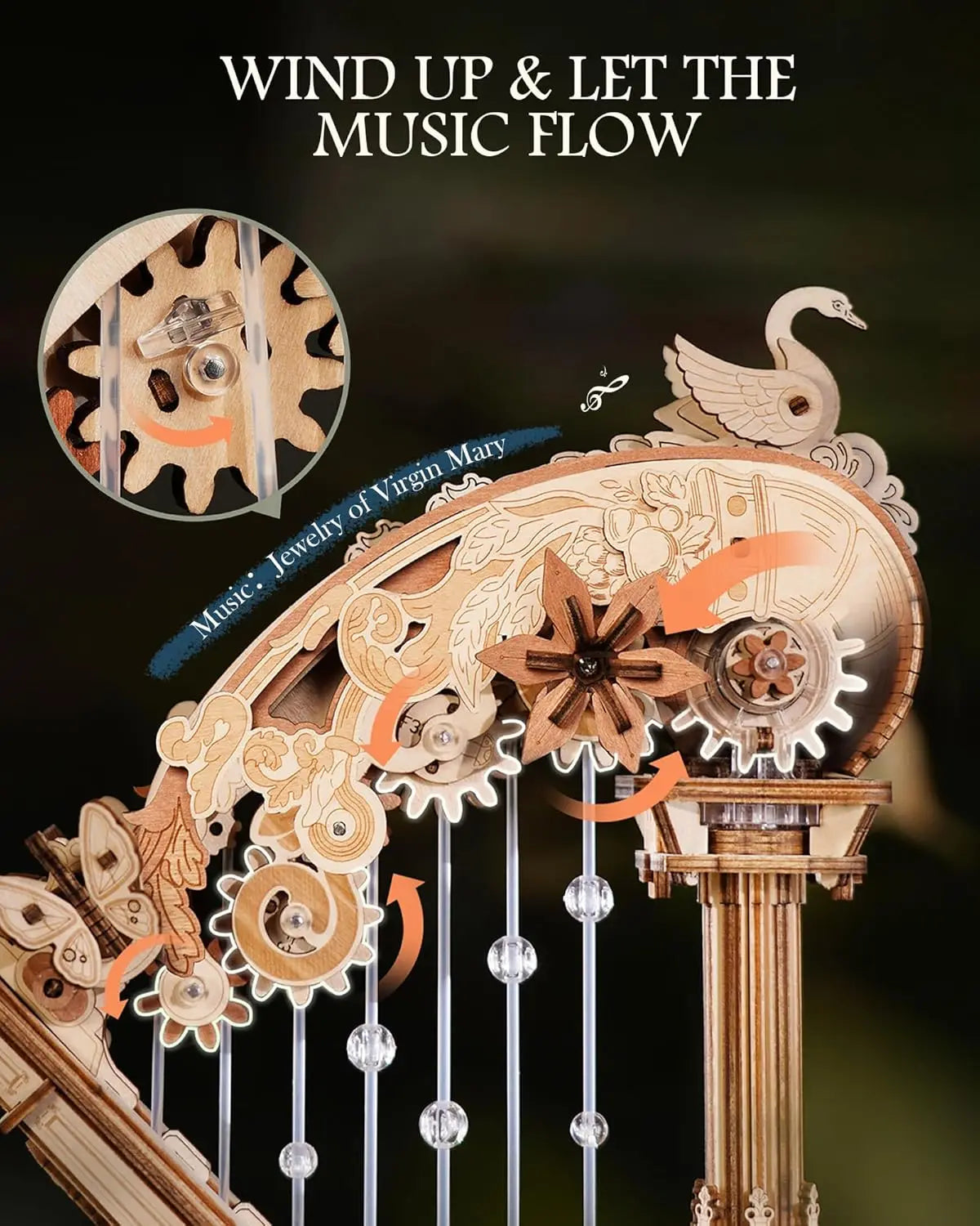 ROKR Magic Harp 3D Wooden Puzzle Music Box Mechanical Art Craft Kits Vintage Musical Wooden Model Kit for Adults Home