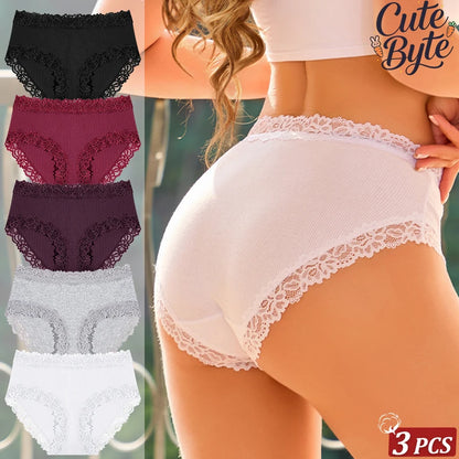 3PCS/Set Women Cotton Panties Lace Low Waist Briefs Trendy Patchwork Lace Intimate Underwear Stretch Comfortable Ladies Lingerie
