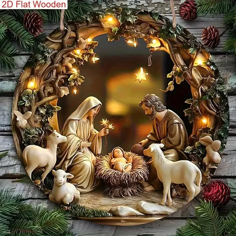 2D Flat Christmas Manger Scene, Wooden Sign, Circular Design, Church Wall Door Decoration, Christian Christmas Home