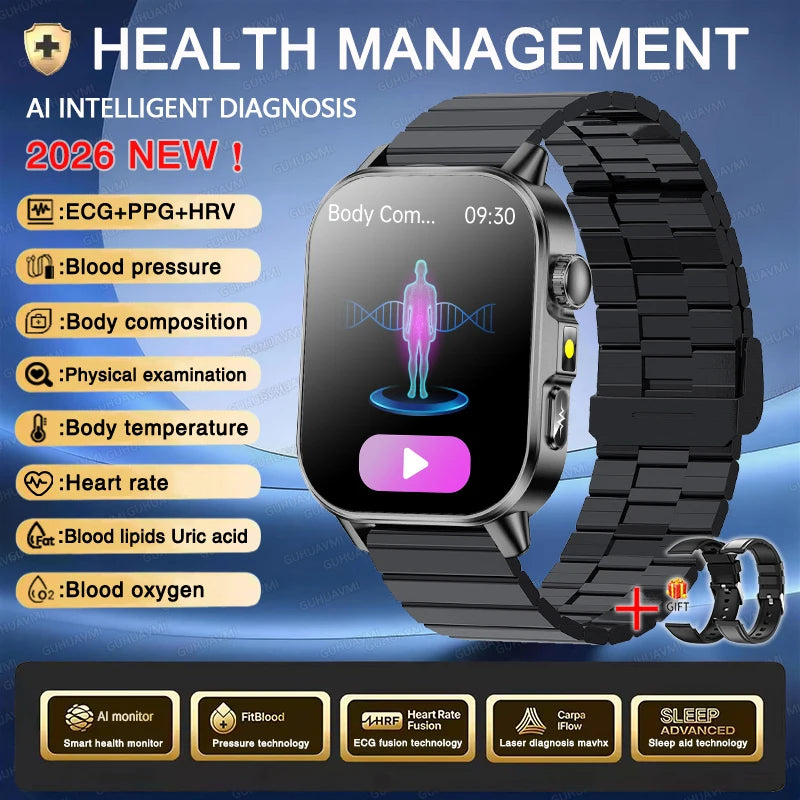 2026 New ECG+PPG Health AI Diagnosis Analysis Smart Watch Blood Lipid Uric Acid Tracker Clock NFC Bluetooth Call Watch Men Women