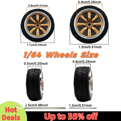 Kicarmod 1/64 Model Car ABS Wheels with Rubber Tire Metal Rims Front Small Rear Large Refitting Parts For Model Car