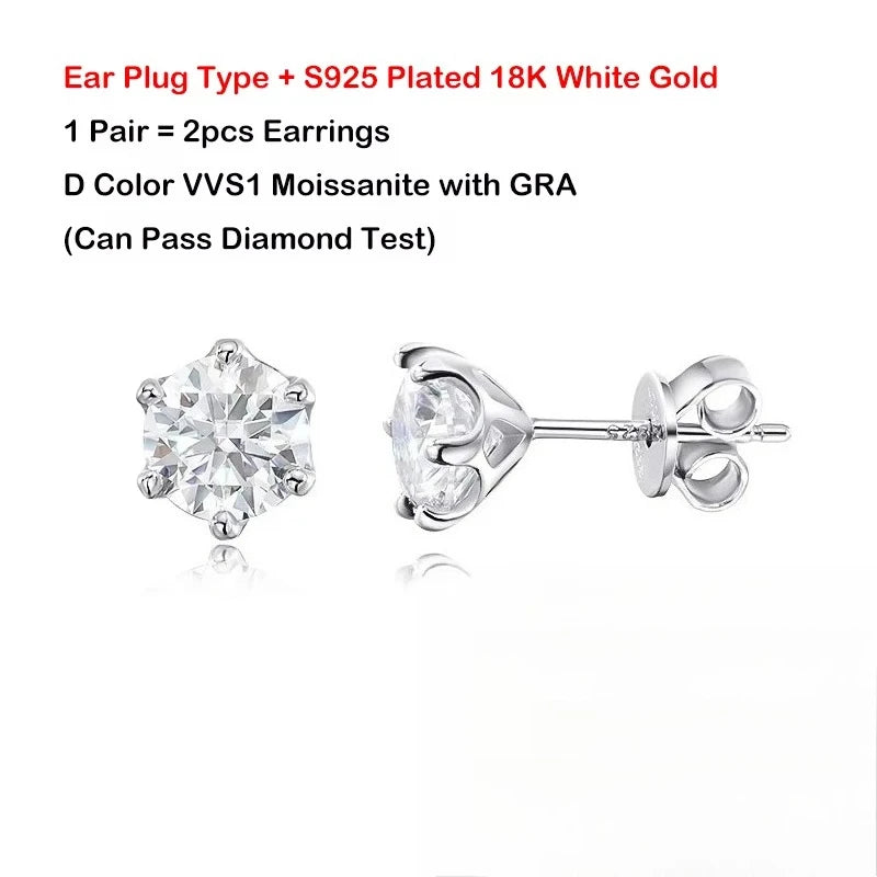 EWYA 0.2/0.5/2ct D Color Moissanite Screw Stud Earrings for Women Men Silver 925 Plated 18K Pass Diamond Test 6 Prong Earring