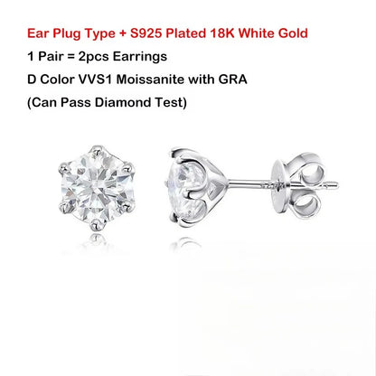EWYA 0.2/0.5/2ct D Color Moissanite Screw Stud Earrings for Women Men Silver 925 Plated 18K Pass Diamond Test 6 Prong Earring
