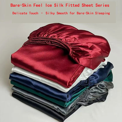 Satin Elastic Fitted Sheet Solid Mattress Cover  for Single Double Couple King Queen Full Twin Bedsheet  (No Pillowcase)