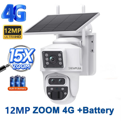 SHIWOJIA 15X ZOOM Solar Camera 4G 12MP Three Lens 360° View 5W Solar Panel Security Outdoor PTZ IP Camera 7800mAh Battery UBOX