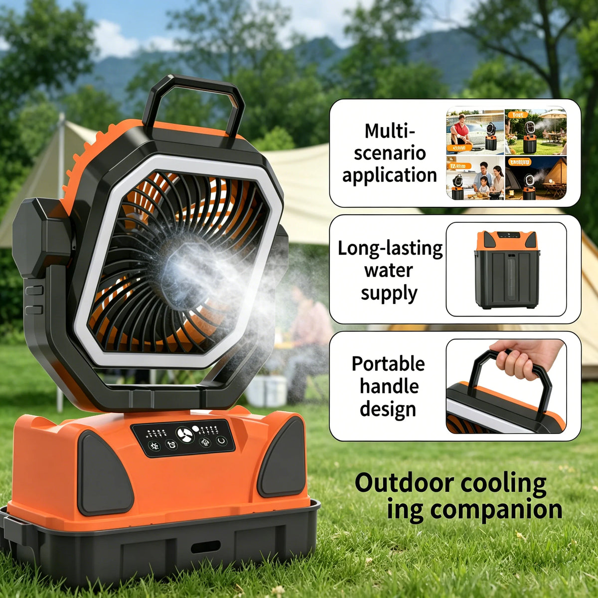 Multifunctional Outdoor Camping Fan 6L Water Tank Spray , Lighting, Hook, Cool Mist Spray, Remote Control, for Hot Summer Nights