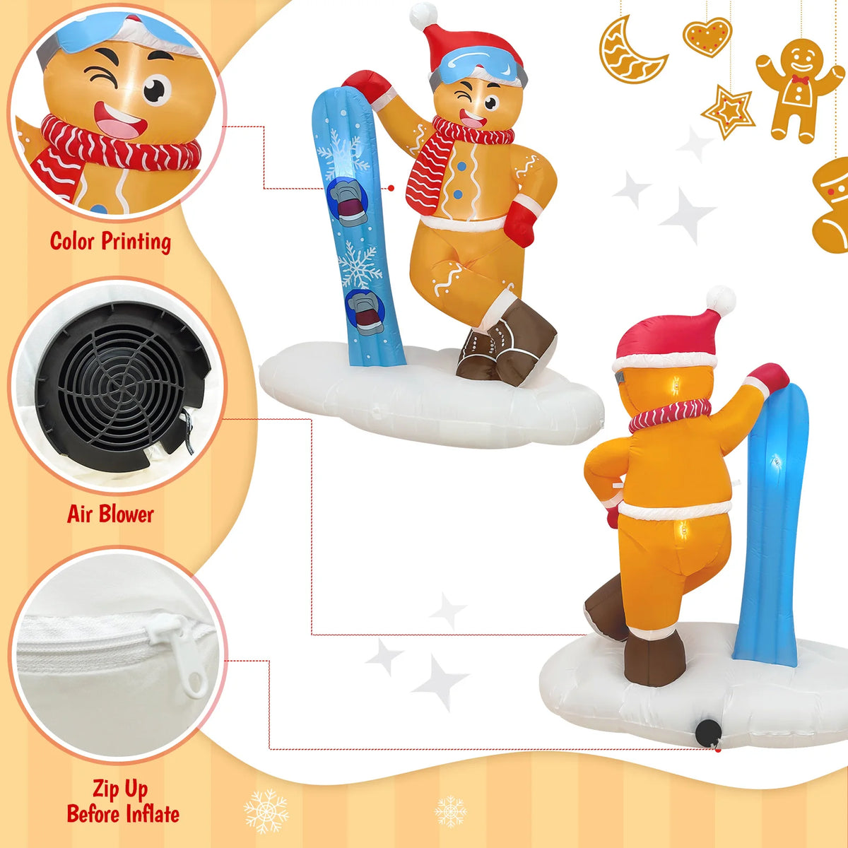 OurWarm 6FT Christmas Inflatable Outdoor Decoration, Cute Skiing Gingerbread Man, for Xmas Outdoor Indoor Lawn Party Decor