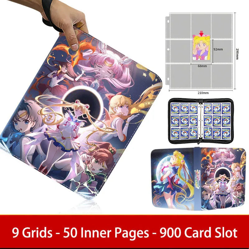 400pcs/900pcs Sailor Moon Card Album Book Folder 4/9 Card Slots Collections Zipper Double Pocket Zipper Card Binder Holder