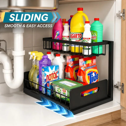 2 Tier Sliding Under Sink Storage Rack Rustproof Metal Iron Pull Out Basket Organizer for Kitchen Bathroom Cabinet Home Storage