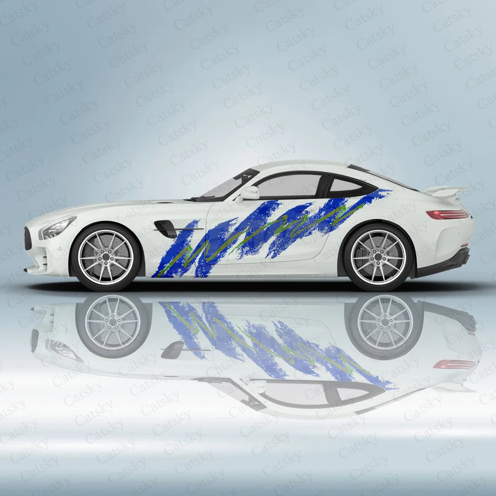 Full Color Printed Decals on Both Sides of The Car, Blue Graffiti Retro Solo Jazz Car Side Door Modification Decals Accessories