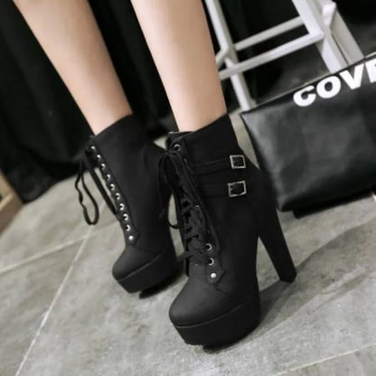 Winter Women Platform Ankle Boots 12cm Super High Chunky Heels Black Plush Rivet Lace Up Motorcycle Lady Studded Punk Short Boot