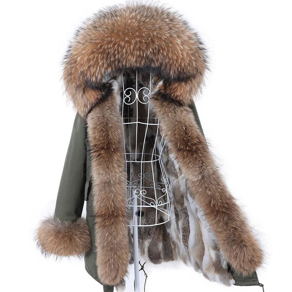 2026 Maomaokong Women's Winter Coats Rabbit Lining Jacket Natural Real Raccoon Fur Collar Parka Fox Fur Long Female Clothing