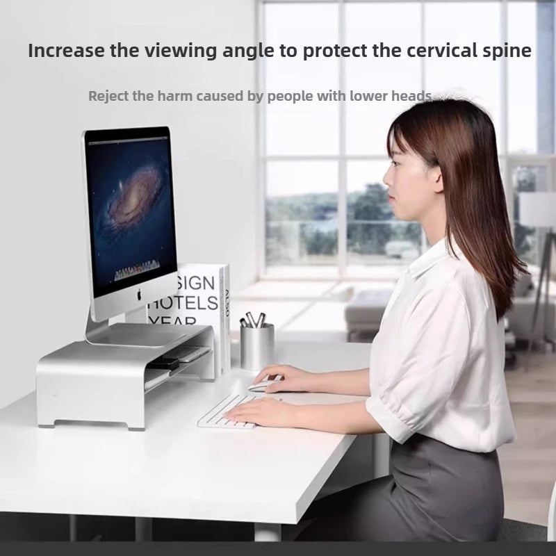 Aluminum Alloy Monitor Riser Stand Premium Ergonomic Desk Organizer Laptop Screen Holder with Storage Workstation Metal Base