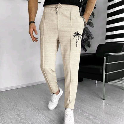 Men Waffle Knit Slim Fit Pants Drawstring Trousers With Pockets Stylish Design Spring Autumn Outdoor Travel Daily Street Wear
