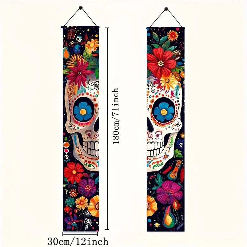 2PCS Mexican Day of The Dead Porch Sign Door And Wall Decoration Couplets Banner for Dia De Los Muertos Celebration Party Supply