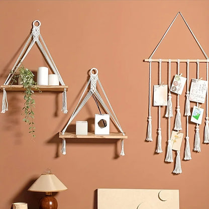 2pcs, Handmade Woven Hangers, Bohemian Wall Decor Wooden Floating Storage Shelves, Display Racks for Hanging Plants And Photos